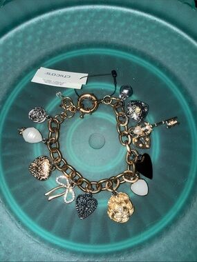 Chico's Gold-Tone Heart & Flower Chunky Charm Bracelet